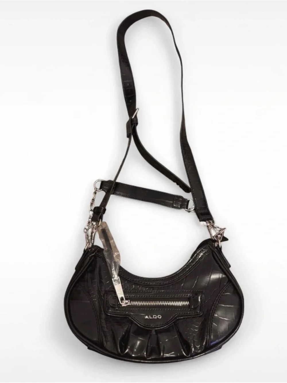 ALDO Black Croc-Embossed Crescent Crossbody with Silver Hardware